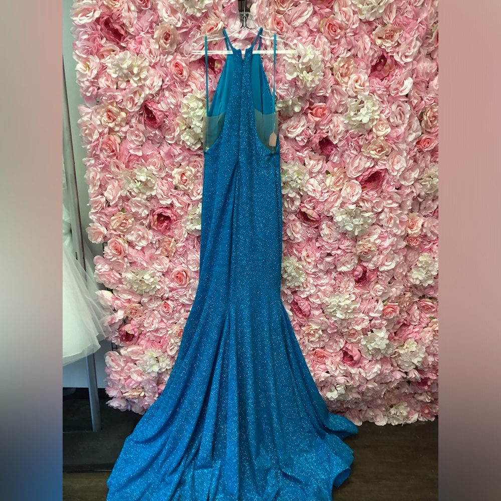 Jovani 67563 Size 4 Ocean Blue High Neck With Mesh Long Dress With Train NWT - Picture 4 of 6